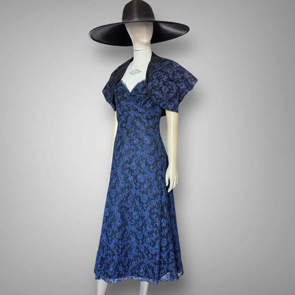 Vintage 1950s Dark Blue Lace Party Dress Ribbon Strap w Bolero Prom Gown 2pc - Picture 2 of 16